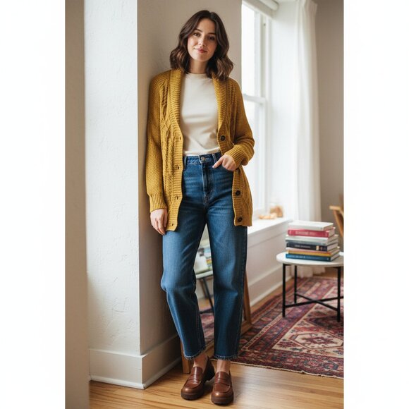 Anthropologie Oversized Rust Mustard Textured Knit Cowl Neck Tunic Sweater M - Picture 1 of 6